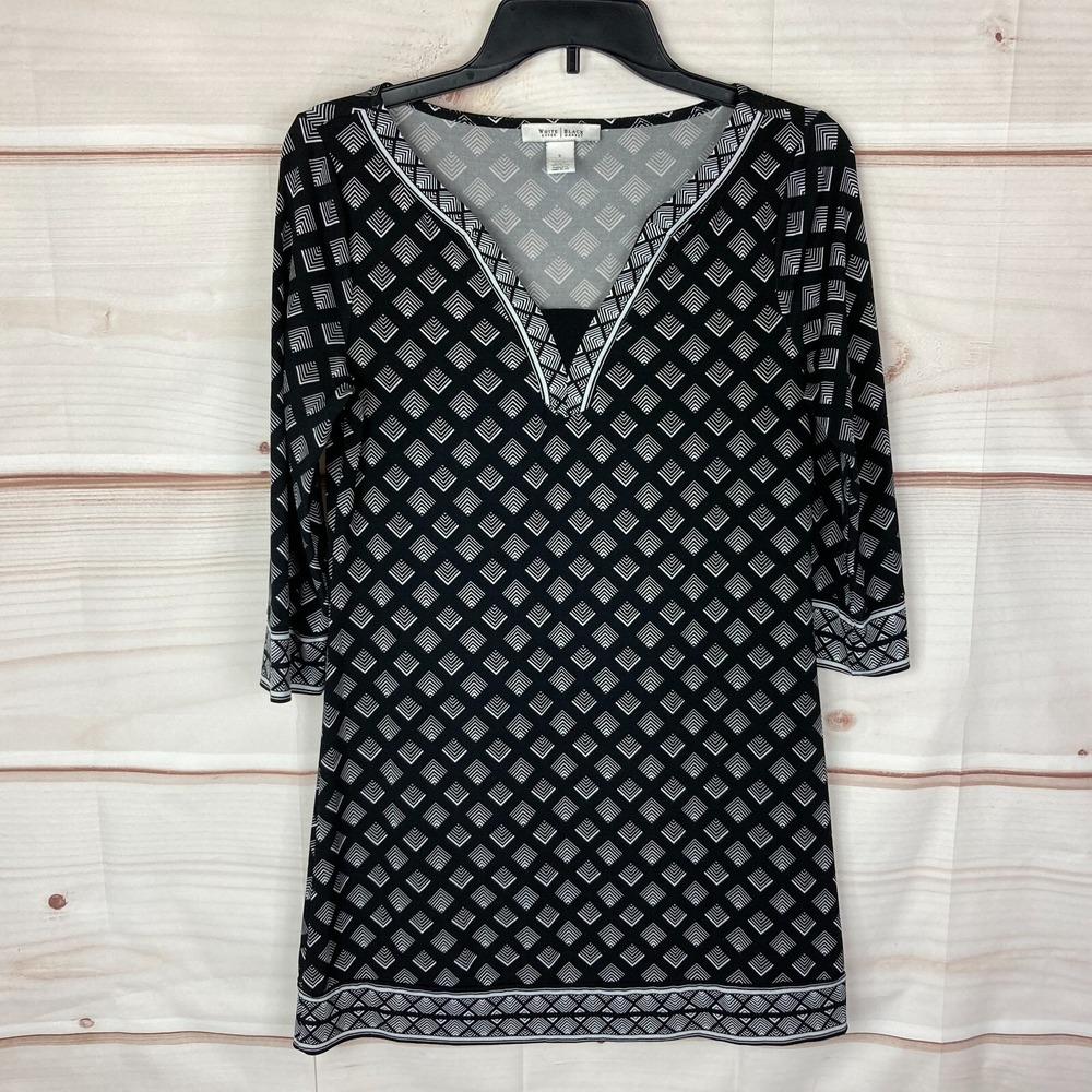 White House Black Market Dress Womens Small Diamond Shift Mini Black White Knit